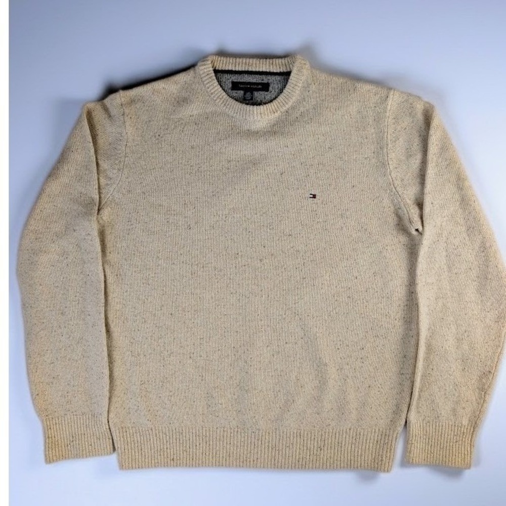 Tommy Hilfiger Lambswool Blend Crewneck Sweater Men's L Beige Flecked Preppy